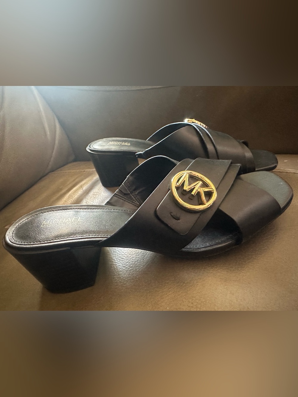 Michael Kors Carmen Logo Mule Sandals Black Faux Leather Block Heel Size 8M